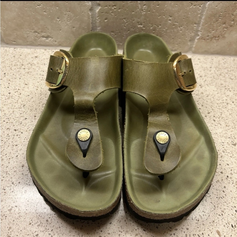 Birkenstock EU 39 Gizeh Sandals Thongs Big Buckle Oiled Leather Olive Green